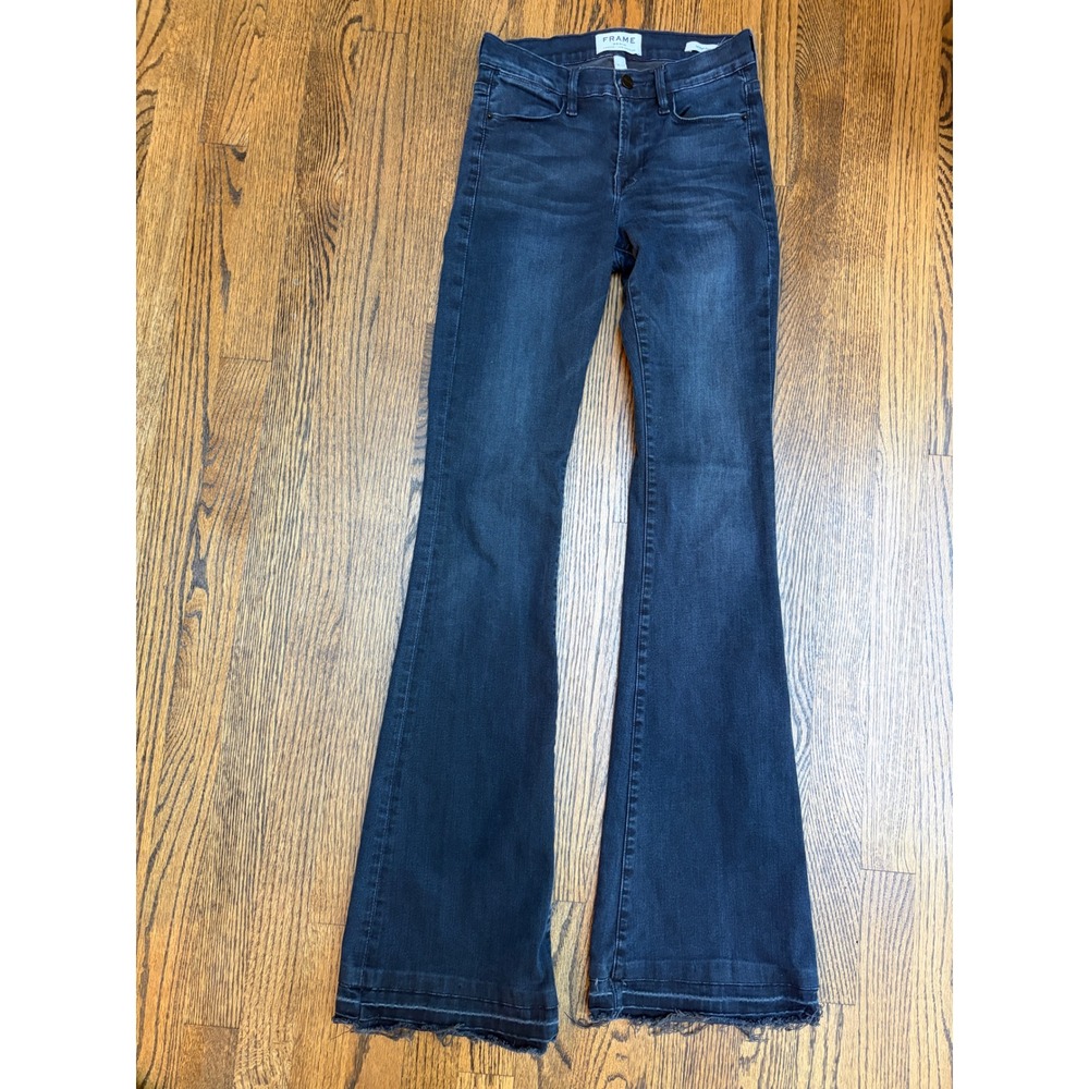 FRAME Le High Flare Jeans 25 Dark Blue Raw Hem Retro Boho Minimalist